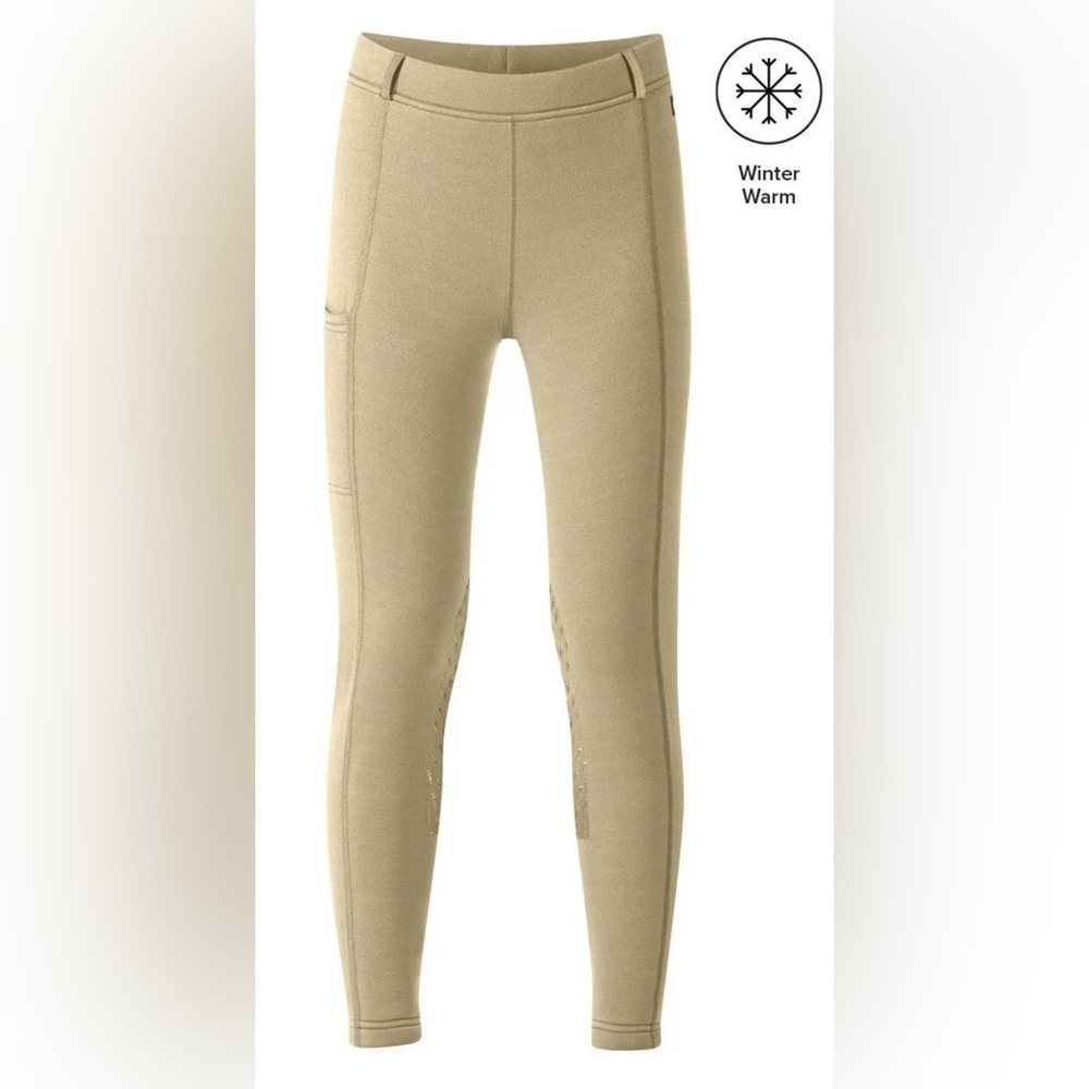 Kerrits Kid’s tan fleece-lined winter silicone knee-patche riding tights